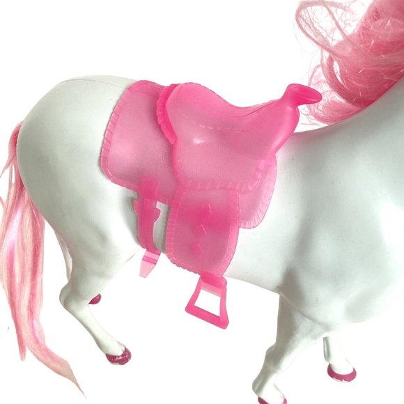 White Blow Mold Horse With Pink Hair Hooves Saddle Bridle 11in Tall - Picture 7 of 16